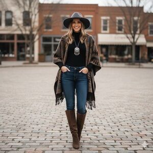 Geometric Patterned Poncho with Fringe Size XL- XXL